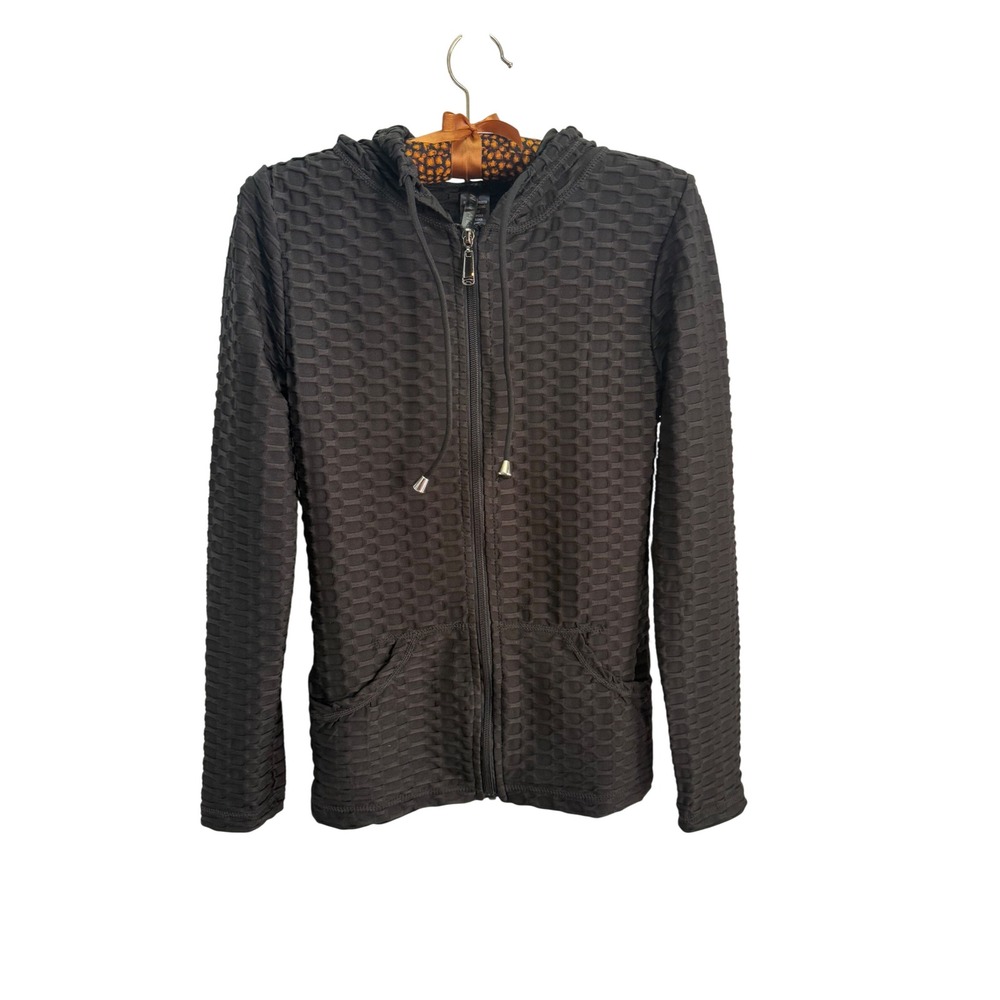 New Mix Womens Black Honeycomb Textured Zip Up Hoodie Jacket T09-SET S/M NWT